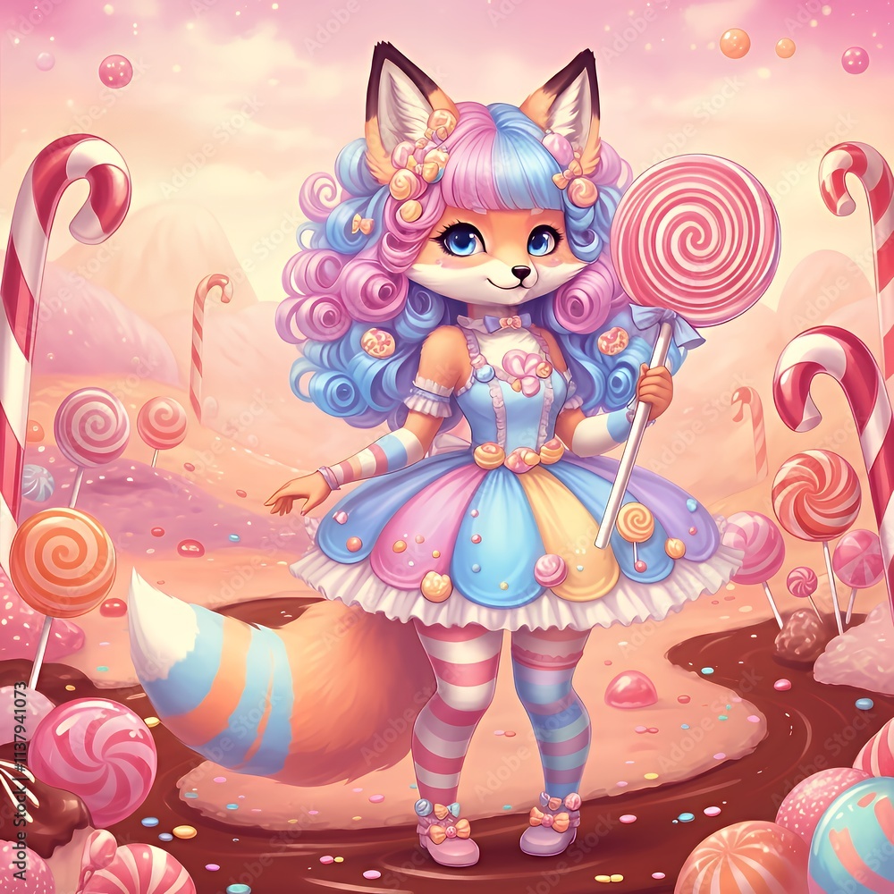 Playful Fox Girl with Cotton Candy Hair and Colorful Lollipop Playful Fox Girl with Cotton Candy Hair and Colorful Lollipop