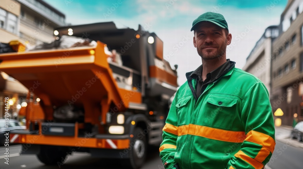 Garbage collector smiling proudly in front of garbage truck Garbage collector smiling proudly in front of garbage truck