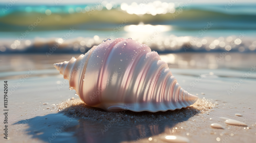 Seashell on Sandy Beach with Ocean Waves Serene Coastal Photography Seashell on Sandy Beach with Ocean Waves Serene Coastal Photography