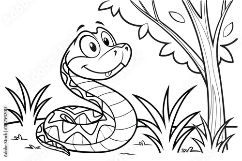 cute Rattlesnake, some grass and a tree, coloring book photo