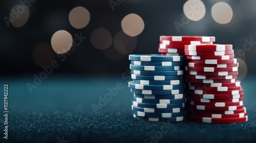 Stacked poker chips on felt table with bokeh background photo