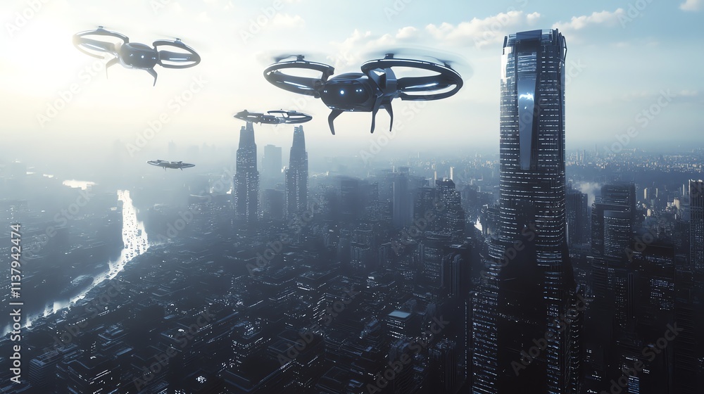 A cityscape with multiple drones flying in the sky at sunset. A cityscape with multiple drones flying in the sky at sunset.