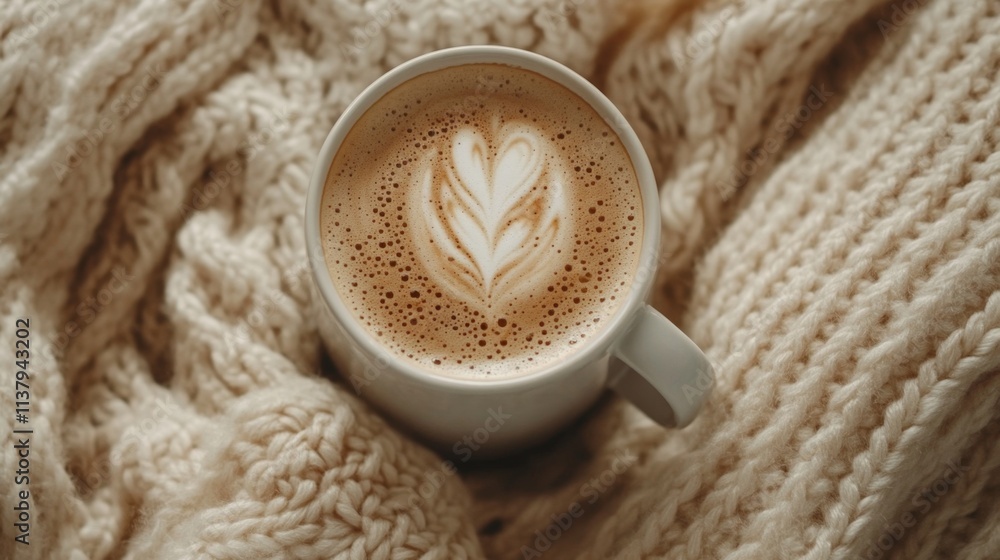 Cozy cup of coffee with latte art on soft knitted blanket Cozy cup of coffee with latte art on soft knitted blanket