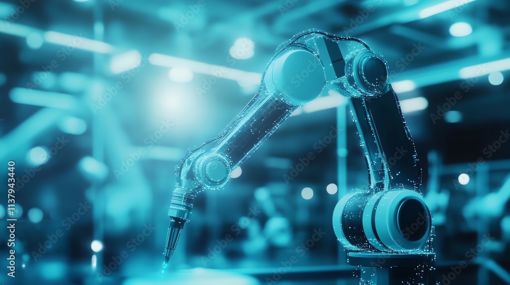 A man in a lab coat and safety glasses works on a robotic arm in a factory. The robot is made of a wireframe and has a blue glow. A man in a lab coat and safety glasses works on a robotic arm in a factory. The robot is made of a wireframe and has a blue glow.