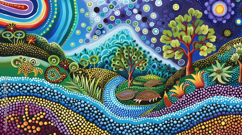 Australian Aboriginal dot painting style art, Generative AI Australian Aboriginal dot painting style art, Generative AI