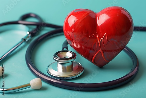 Heart Health Stethoscope, Red Heart, Cardiovascular Care, Medical Checkup photo