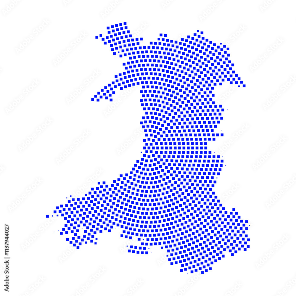 Fototapeta premium Abstract graphic Wales map from pixel blue on a white background. Vector illustration. 