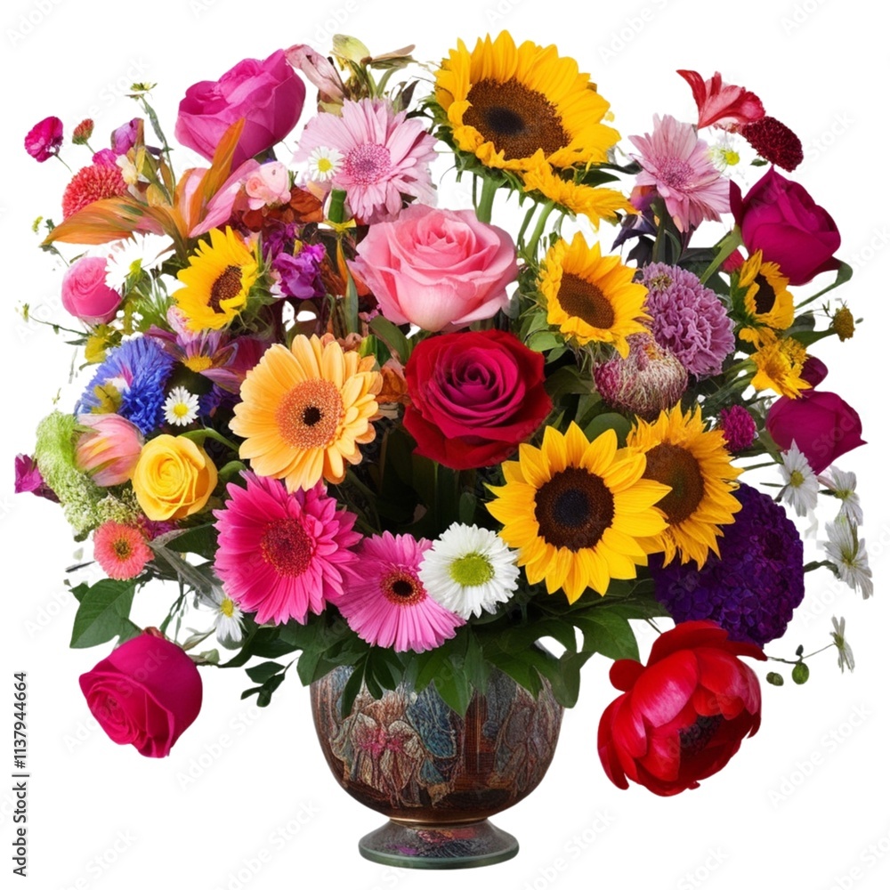 Close-up view bouquet of flowers adorned with branches and leaves Close-up view bouquet of flowers adorned with branches and leaves