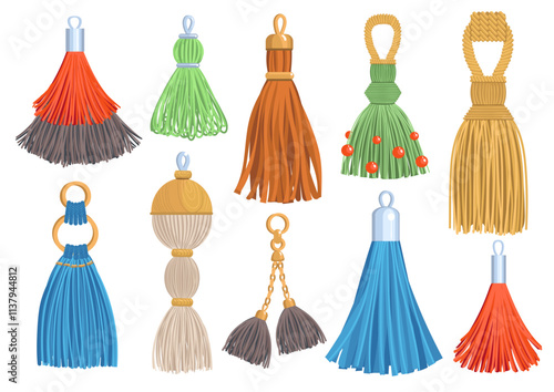 Decorative textile tassels. Fabric brushes for fringe. Threads earring. Key chains. Hanger charms trinkets. Macrame accessories. Curtain rope decor. Cord embellishment. Splendid vector set