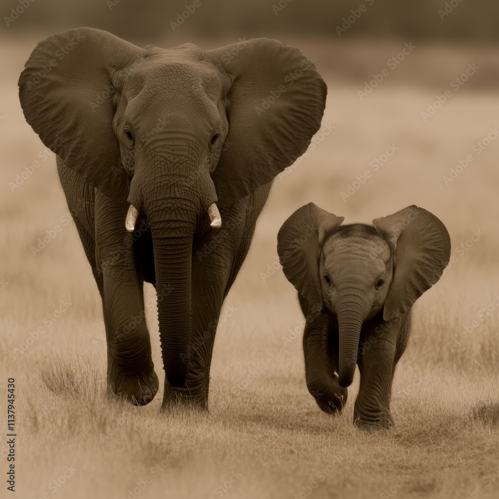 Naklejka premium African Elephants Mother and Calf in Savanna Grassland