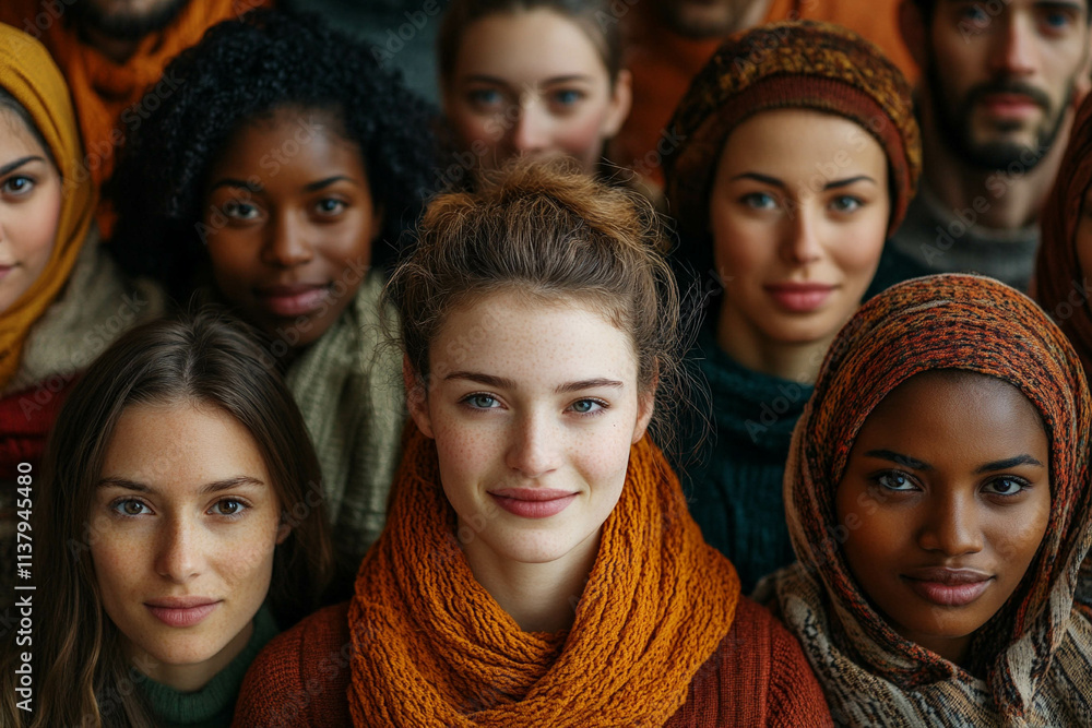A diverse group of people with various hairstyles and headwear, showcasing unity and cultural richness. They are wearing warm, cozy clothing in earthy tones A diverse group of people with various hairstyles and headwear, showcasing unity and cultural richness. They are wearing warm, cozy clothing in earthy tones