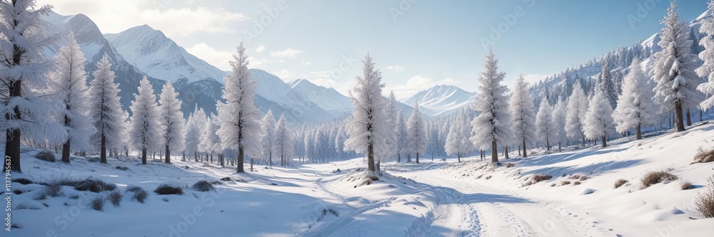 Serene winter landscape with snow-covered trees in a valley, snowy scenery, frosty woods Serene winter landscape with snow-covered trees in a valley, snowy scenery, frosty woods