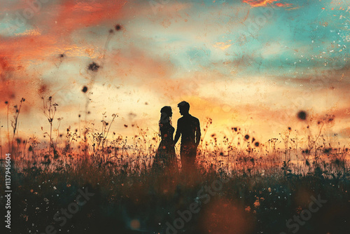 A romantic silhouette of a couple holding hands against a vibrant sunset in a field of wildflowers. The sky is painted with hues of orange, pink, and blue, creating a dreamy atmosphere.