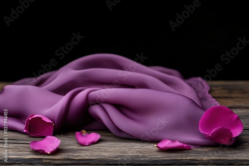 romantic styling, a silk scarf with romantic motifs, elegantly laid on a distressed wooden table with scattered rose petals, set in soft lighting for text placement photo