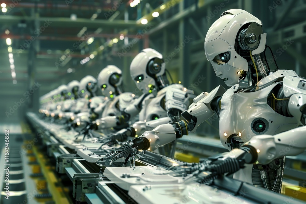 Robot workers efficiently assembling products on a modern assembly line, showcasing advanced automation technology. Robots working together in a factory . Robot workers efficiently assembling products on a modern assembly line, showcasing advanced automation technology. Robots working together in a factory .