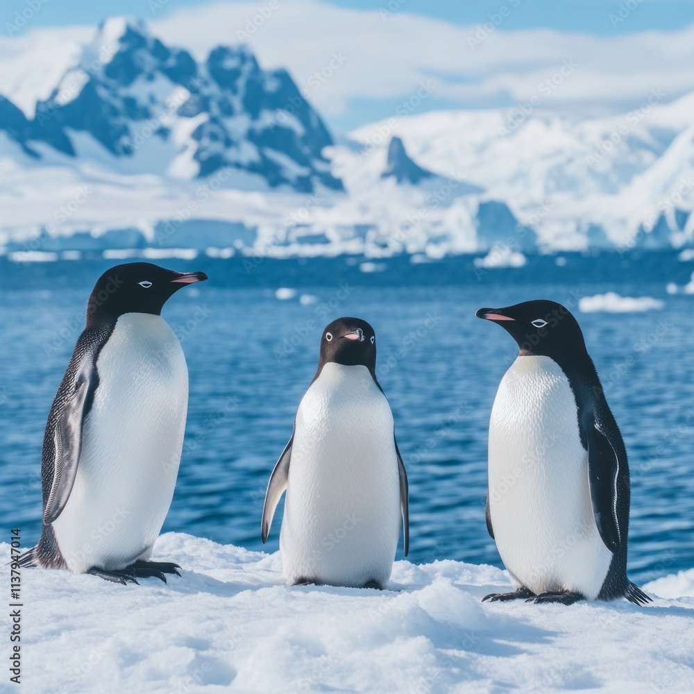 Fototapeta premium Antarctic Penguins on Snowy Landscape with Mountains