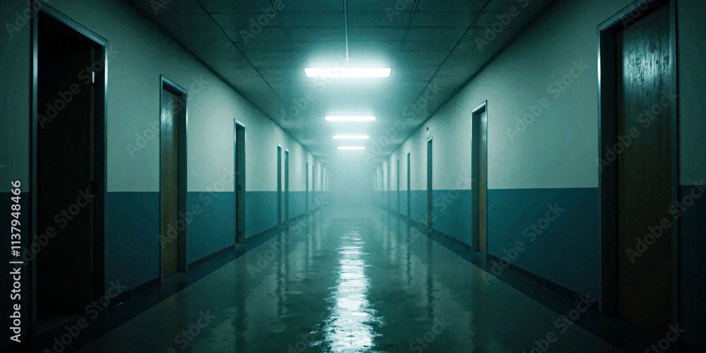 Dark Foggy Corridor with Reflections and Dim Lighting Dark Foggy Corridor with Reflections and Dim Lighting