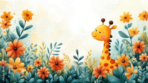 Cute Cartoon Giraffe Surrounded by Bright Orange Flowers and Lush Greenery in a Whimsical Landscape Perfect for Children's Illustrations and Designs