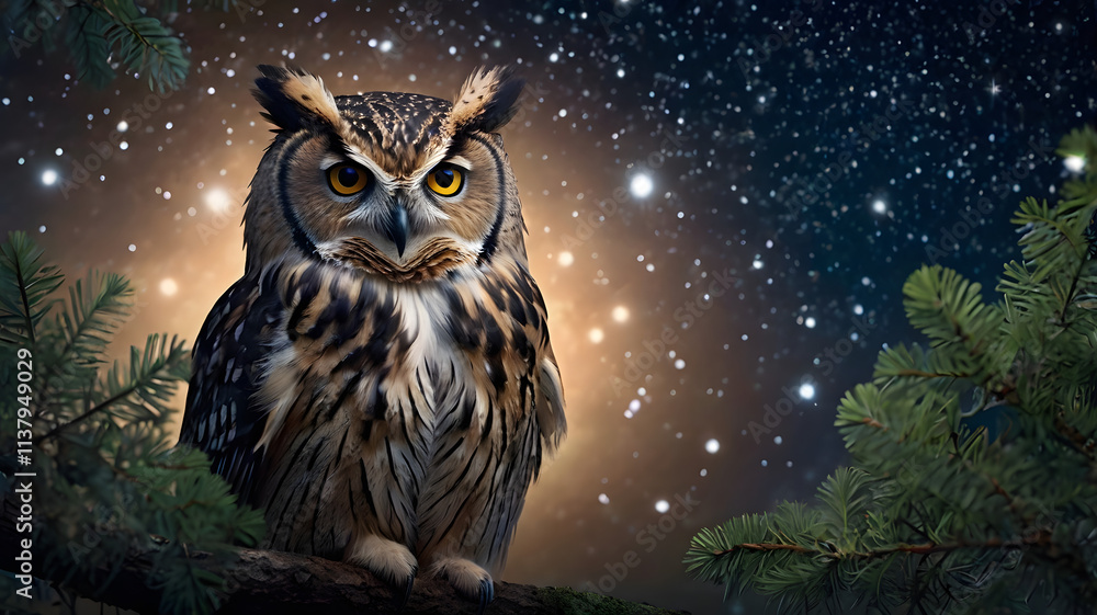 Wise Owl Under a Starry Night: A majestic owl perched on a branch under a blanket of twinkling stars, evoking a sense of mystery, wisdom, and the tranquility of nature. Wise Owl Under a Starry Night: A majestic owl perched on a branch under a blanket of twinkling stars, evoking a sense of mystery, wisdom, and the tranquility of nature.