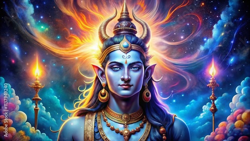 Vivid Anime Style Illustration of Lord Shiva in a Dynamic Pose with Cosmic Elements, Perfect for Spiritual and Artistic Themes with Ample Copy Space for Text or Design Integration