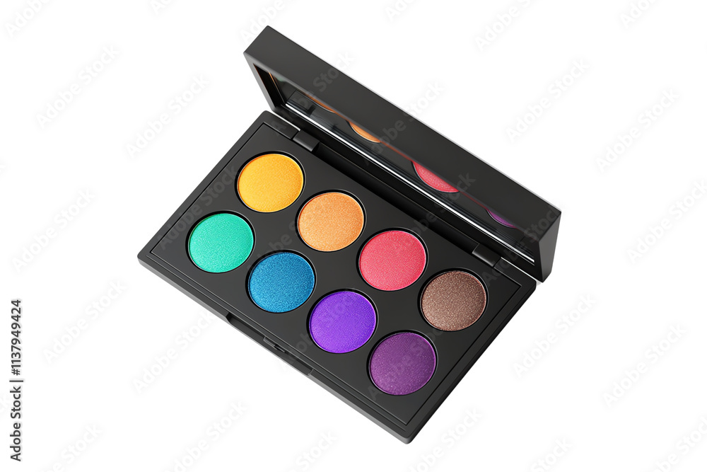 A vibrant eyeshadow palette featuring eight distinct shades, including bright colors and rich tones for versatile makeup applications. A vibrant eyeshadow palette featuring eight distinct shades, including bright colors and rich tones for versatile makeup applications.