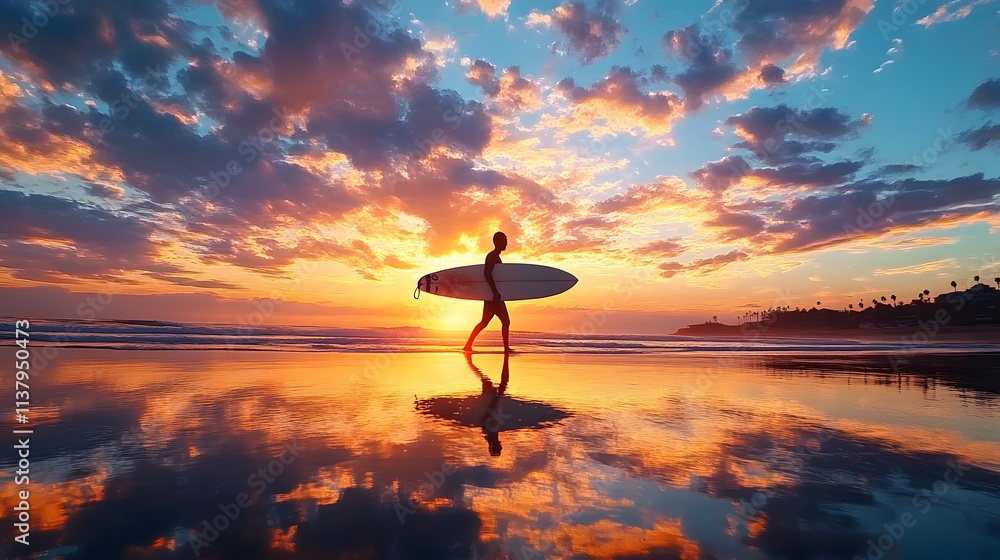 Surfer silhouette walking along sunset beach with dramatic sky reflection AI generated Surfer silhouette walking along sunset beach with dramatic sky reflection AI generated