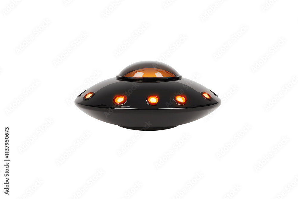 A sleek, round UFO with glowing lights, featuring a dome-shaped top and a smooth, metallic surface. A sleek, round UFO with glowing lights, featuring a dome-shaped top and a smooth, metallic surface.