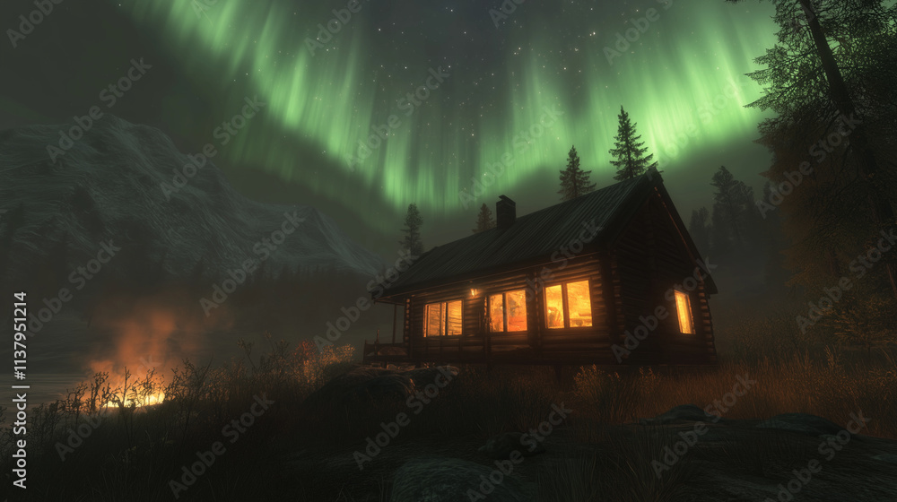 A house in the middle of a valley with a beautiful view of the Northern Lights at night. A house in the middle of a valley with a beautiful view of the Northern Lights at night.