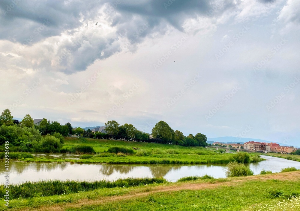 Fototapeta premium A pictureskue view of a calm river among greenery in the suburbs under a cloudy sky before the rain