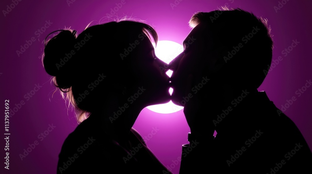 Two lovers share a tender, shy first kiss, silhouetted against a vibrant purple backdrop, creating a magical atmosphere perfect for a romantic occasion Two lovers share a tender, shy first kiss, silhouetted against a vibrant purple backdrop, creating a magical atmosphere perfect for a romantic occasion
