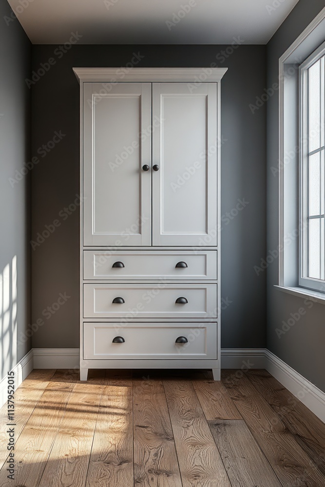 White armoire with three drawers in a room with hardwood floors. White armoire with three drawers in a room with hardwood floors.