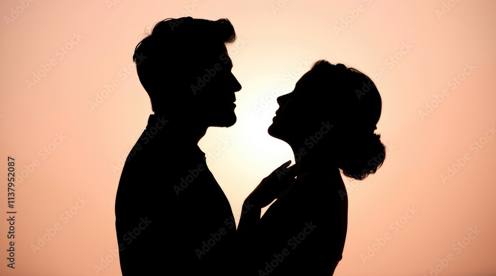 A couple stands close, their silhouettes framed against a warm sunset, sharing a shy first kiss, surrounded by a sense of romance and new beginnings on Valentine's Day A couple stands close, their silhouettes framed against a warm sunset, sharing a shy first kiss, surrounded by a sense of romance and new beginnings on Valentine's Day