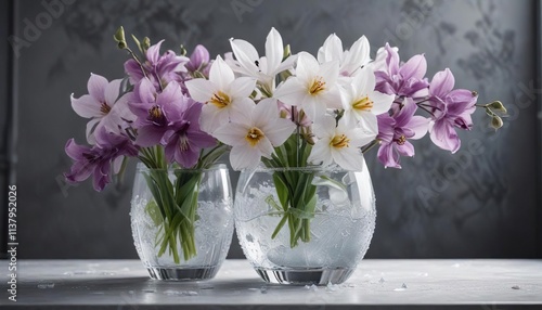 Wallpaper Mural Ornate glass vase with frozen orchid tulip and clematis flowers in ice water , still life, frozen Torontodigital.ca