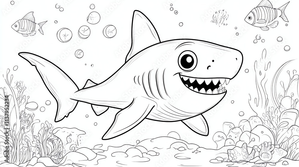 Obraz premium A simple line drawing of a cartoon shark with big eyes swimming in the ocean with coral, seaweed, and fish.