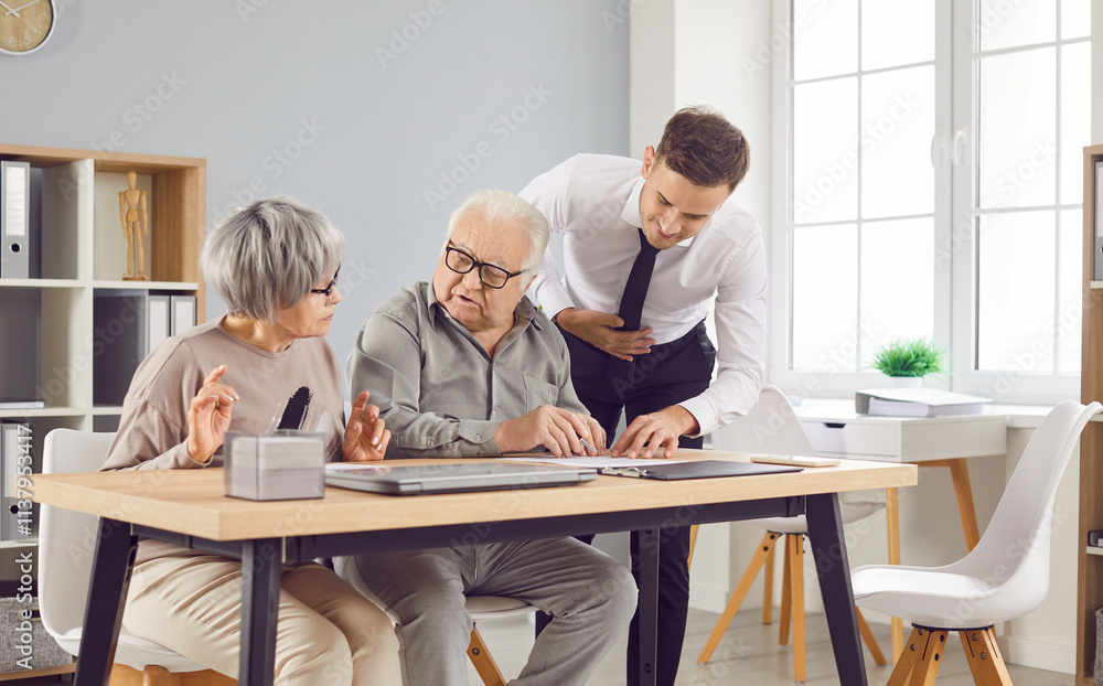 Confident gray-haired elderly senior couple sitting at the desk in office with a young man advisor or male financial agent signing a contract about health insurance or investments. Confident gray-haired elderly senior couple sitting at the desk in office with a young man advisor or male financial agent signing a contract about health insurance or investments.