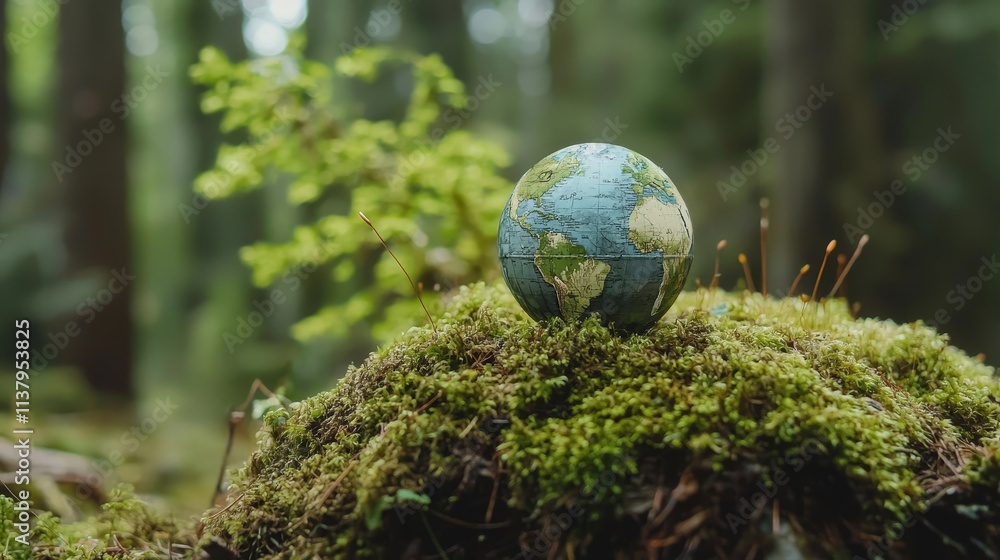 A Small Colorful Globe on a Mossy Rock Surrounded by Lush Green Forest, Symbolizing Nature, Environment, and Global Awareness in a Tranquil Setting A Small Colorful Globe on a Mossy Rock Surrounded by Lush Green Forest, Symbolizing Nature, Environment, and Global Awareness in a Tranquil Setting