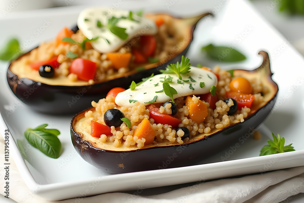 Stuffed eggplants with couscous, vegetables, and yogurt sauce on a white plate garnished with fresh herbs Stuffed eggplants with couscous, vegetables, and yogurt sauce on a white plate garnished with fresh herbs