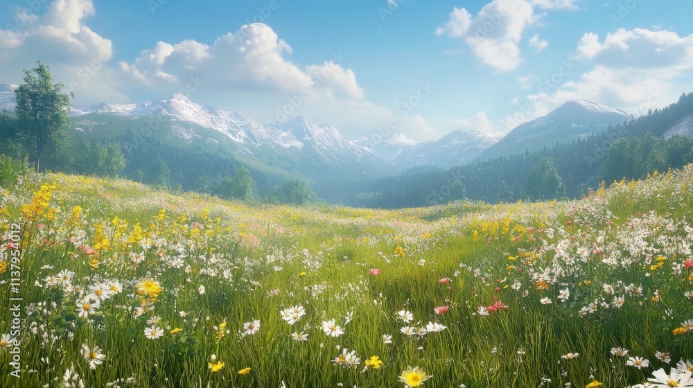 Fototapeta premium Wildflowers, mountains, serene, sunny.