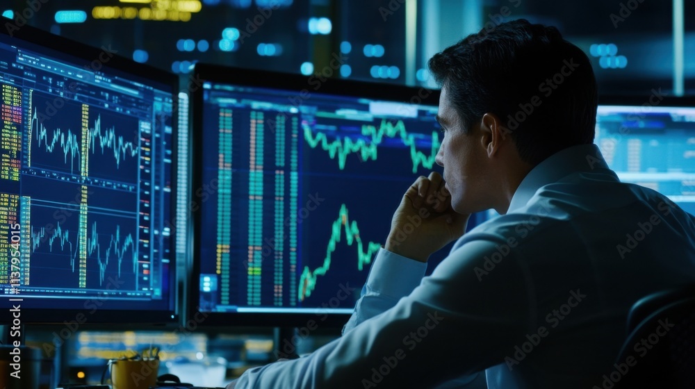 Analyst studies market graphs; serious; dark. Analyst studies market graphs; serious; dark.