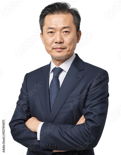 an asian man wearing office clothes . company leaders are very confident . ai generate 