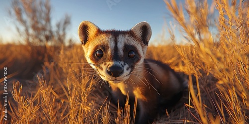 Adorable Black Footed Ferret in Prairie Grass at Sunset photo