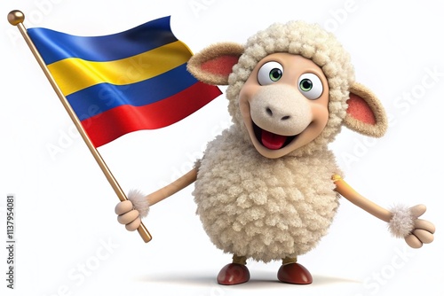 Whimsical Cartoon Sheep Waving the Venezuelan Flag in a Playful Scene on a Bright White Background for Fun Illustrations and Educational Materials photo