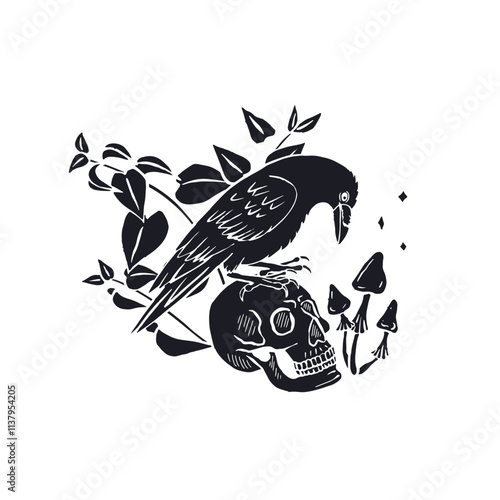 Hand drawn monochrome inky sketch style raven or crow sitting on human skull silhouette isolated on white background. Mystic black bird and head bone surrounded by nettle leaves Halloween design