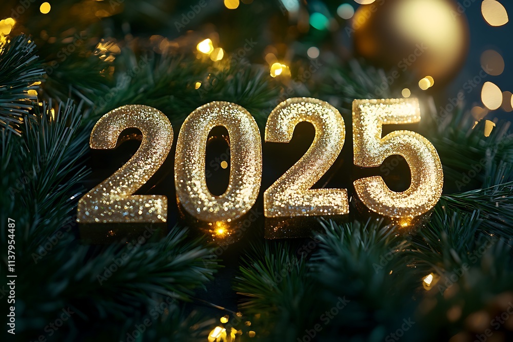 The golden figures 2025 made of candles on a black stone slate background are decorated with a festive decor of stars, The golden figures 2025 made of candles on a black stone slate background are decorated with a festive decor of stars,