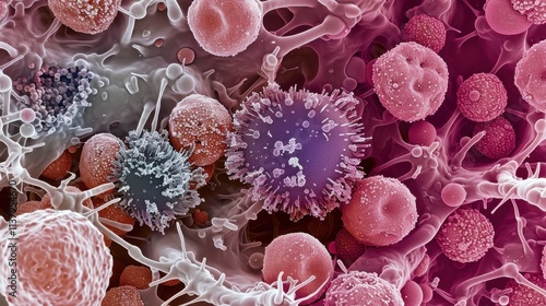 Microscopic View of Cells, Immune Response, Detailed Cellular Structures.