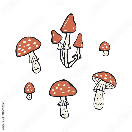 Hand drawn inky sketch style amanita mushrooms set isolated on white background. Poisonous fungy doodles bundle