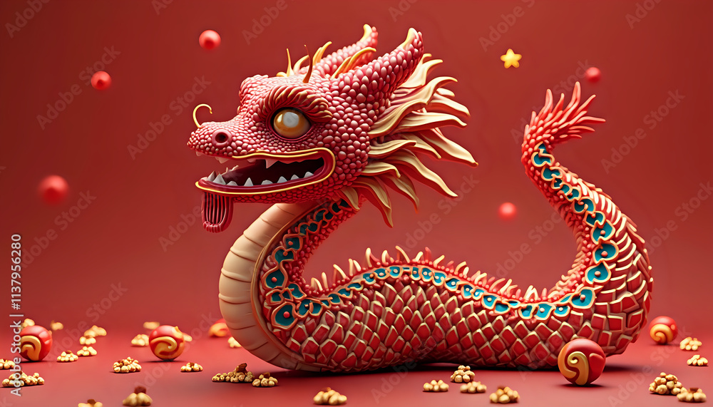 a 3d model of red and gold oriental dragon on a red background a 3d model of red and gold oriental dragon on a red background