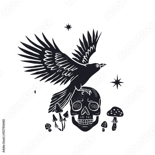 Hand drawn monochrome inky sketch style raven or crow sitting on human skull silhouette isolated on white background. Mystic black bird and head bone surrounded by mushrooms Halloween design