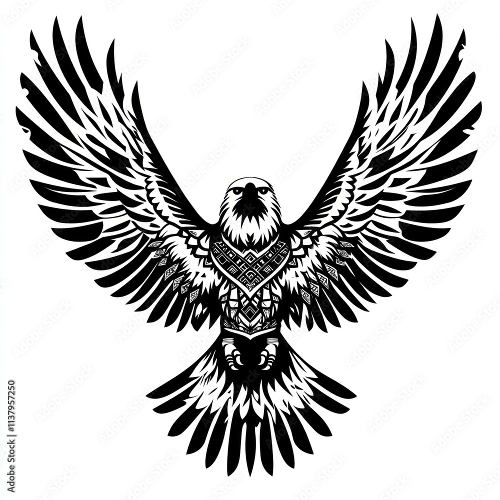 Black and white eagle with patterned chest, wings spread wide. Black and white eagle with patterned chest, wings spread wide.