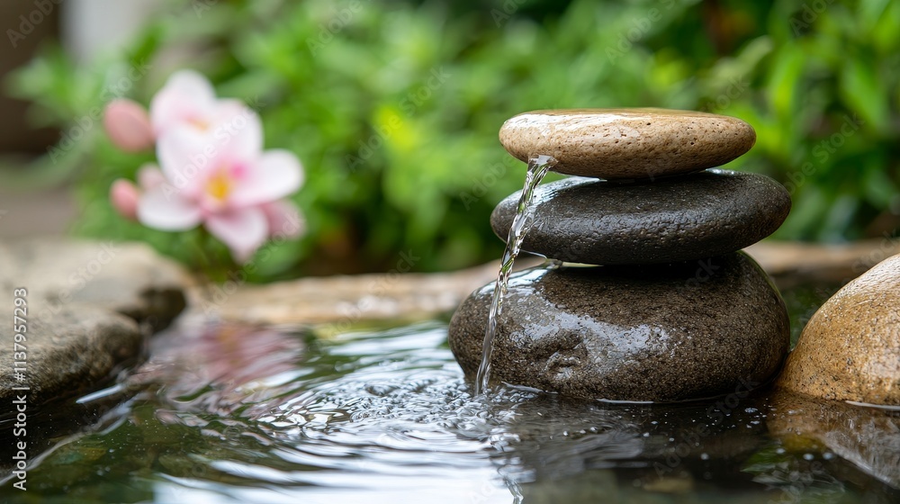 Tranquil Zen Garden Scene with Water Flowing over Smooth Stones and Delicate Pink Flower in Background, Evoking Calmness and Serenity in Nature Tranquil Zen Garden Scene with Water Flowing over Smooth Stones and Delicate Pink Flower in Background, Evoking Calmness and Serenity in Nature